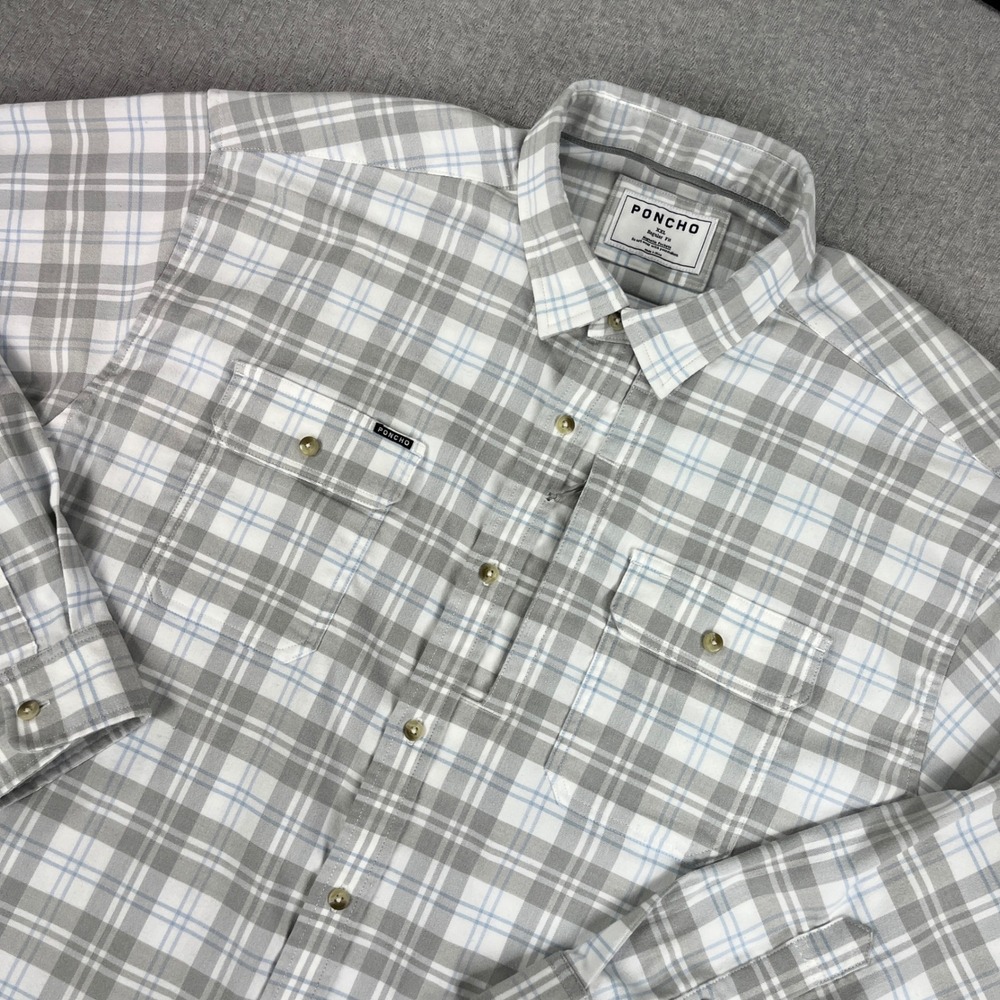 Poncho Shirt Mens XXL Gray Plaid Magnetic Pockets Performance Long Sleeve Button